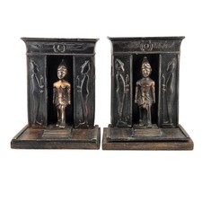 Antique Egyptian Revival Bookends King Pharaoh Thutmos Bronze Copper Wood Base picture