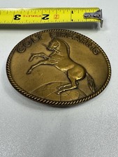 Vintage Colt Firearms Rampant Horse Brass Belt Buckle Western Heavy Large picture