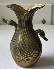 Vtg 7-3/4” Tall Solid Brass Double Head Swan Sculptural Vase Art Deco picture