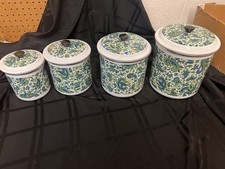 Vintage 4 Pc. 1970s Enamelware Paisley Green Enamel Canister Set  picture
