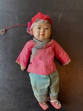 Antique Chinese Doll Composition Head Silk Costume Silver Ornaments Cash Coin picture