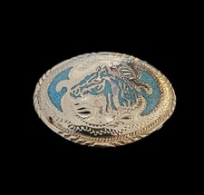 Vintage 1988 SSI Horse Head Belt Buckle Turquoise Chip Inlay Western Crafted USA picture