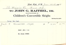 1924 J.G. Raithel Sleighs Billhead Little Falls NY picture