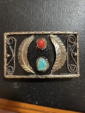 Vintage Native American Navajo Sterling Silver Turquoise & Red Coral Belt Buckle picture
