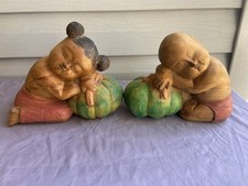 Vintage Hand Carved Asian Boy and Girl Sleeping on Melons Good Luck Set picture