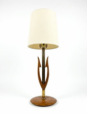 1960s MCM Sculptural Walnut & Brass Table Lamp - Modeline Style. No Shade/Harp. picture