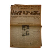 Vintage 1942 Cleveland News WWII Newspaper Churchill U.S. Raid Germany Headline picture