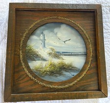 Vintage 1970s Nautical Seascape Oil Painting Lighthouse R Simon Round Rope Wood picture