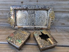 Vintage 1940s Occupied Japan 3 Pc Desktop Smoking Set Ashtray Cigarette Box Tray picture