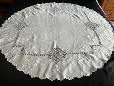 Antique Round Linen Embroidered with Drawn Work Tablecloth - 50