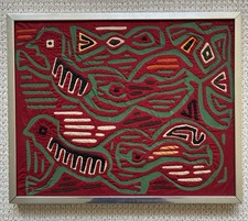 Vintage Guna (Kuna) Mola Bird And Geometric Patterns Red And Green Framed picture