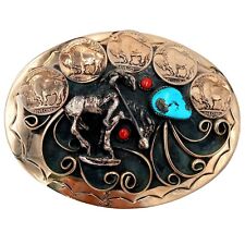 End Of The Trail Belt Buckle Buffalo Nickels Turquoise Coral Western Rockabilly picture