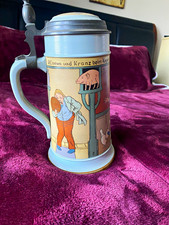 Mettlach German Lidded Beer Stein 1L Hinged Pewter Lid Bowling Scene #2959 picture