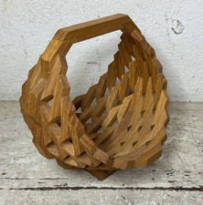 Small Vintage Geometric Wooden Block Basket Brown Wood Decor Folk Art picture