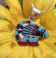 Navajo Sterling Turquoise And Coral Bear Necklace #865 SIGNED picture