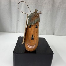 VTG Hanna’s Handiworks Folk Art Primitive Tall Wood Pumpkin Ornament Halloween  picture