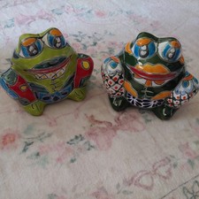Lot of Two Talavera Bubble Frog Planter Pots Mexican Pottery Folk Art 6x7 picture