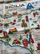 Sicilia Sicily Italy Italian Vintage 60s Souvenir Pictorial Map Dish Tea Towel picture