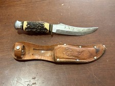 Vintage EC Solingen Germany 47X Hunting Knife Stag Handle Leather Sheath picture