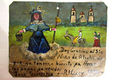 VTG 1945 HP MEXICAN TIN RETABLO SANTO NINO DE ATOCHA HELPS FAMILY OBTAIN DONKEY picture