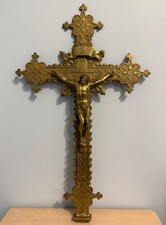 Large Antique Ornate Gothic Revival Brass Cross Crucifix INRI Jesus picture