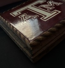 Texas A&M Paperweight Trivet Or?4x4 Ceramic Tile W/Wood Base 👍🏻 Gig’em AGGIES picture