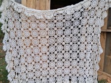 Vintage French White Heavy Hand Made Cotton Crochet Bed Cover Throw Granny's  picture