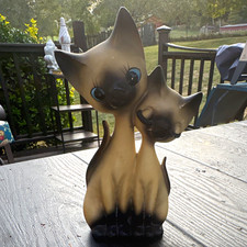 Vintage Ceramic Siamese Cat Couple Figurine Two Cats with Big Eyes Decor picture
