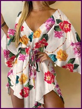Women Boho V-Neck Bat Sleeve Ruffle Floral Beach Sundress Loose Summer Mini picture