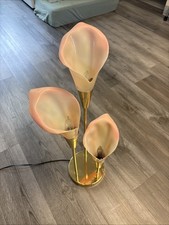 Vintage 1980s 3 Pink Frosted Calla Lily Brass Table Lamp-Tested & Working- 3 Way picture