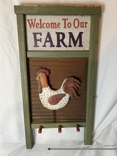 VTG Welcome To Our Farm Chicken Rooster Washboard Key Holder Wall Decor Home picture