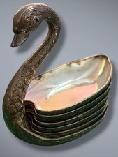 Vintage Silver Plate Swan Serving Set 6 Pc Nesting Dishes Brass Bird Holder picture