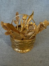 Vintage Hollywood Regency Mid Century Gold Floral 10 Cocktail Forks In Basket picture