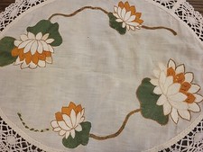 VINTAGE HAND EMBROIDERED LOTUS LINEN SMALL HOLES MINOR WATER LILIES Z picture