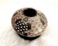 Signed Mata Otis Art Pottery Handmade Round Base Saucer Shaped Sea Turtles Vase picture