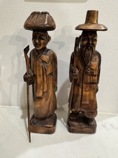Pair Of Korean Folk Art Wooden Handcarved Figurines picture