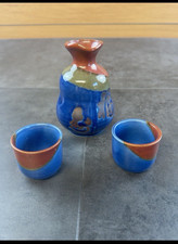Japanese Ceramic Blue & Rust Sake Set Hand Made in Japan picture