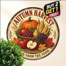 Autumn Harvest Theme Round Metal Sign Rustic Fall Foliage Tin Wall Decor picture