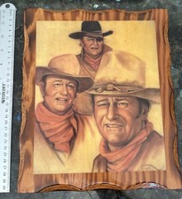 Rare Vintage John Wayne Wood Epoxy Lacquered Wall Art 12”x10 Western Folk Art picture