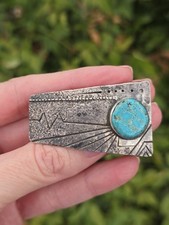 VINTAGE NAVAJO FIDEL BAHE CAST TURQUOISE STERLING SILVER BELT BUCKLE picture