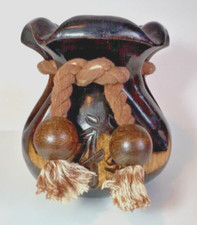 VTG Hand Crafted Lucky Money Pouch Carved Wood Blessing Vase RARE Japan picture
