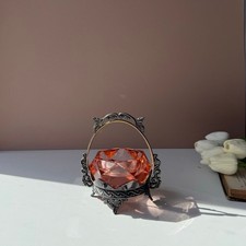 Vintage Victorian Faceted Peach Glass Salt Cellar Silver Plated Basket Holder picture