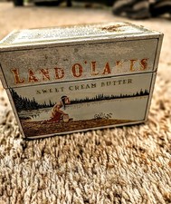 VINTAGE 1930-1940 Land O Lakes Butter Tin Recipe Box White Certificate Landscape picture