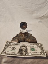 Antique French Art Nouveau Brass Inkwell Cicada Insect Mod Brevet Porcelain Cup picture