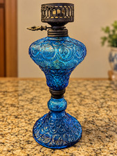 RARE Vintage Blue Moon & Star Pressed Glass Kerosene Stand Oil Lamp Hong Kong picture