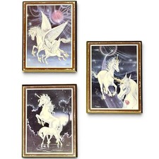 Vintage Unicorn Wall Art Lot of 3 Ferraro Fantasy Pegasus Celestial Wood Plaques picture