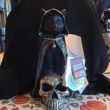 Midnight Fright LED Light-Up Black Cat Figurine Skull Base, Halloween, picture
