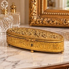 Small Antique French Jewelry Casket Box Gilt Metal Pastoral Relief Trinket Box picture