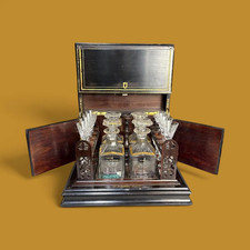 French Napoleon Liquor Bar Cellar Cabinet w/ Decanters & Cordials - Ebony Case picture