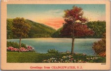 c1940s CHANGEWATER, New Jersey Greetings Postcard Lake Scene / NYCE Linen UNUSED picture